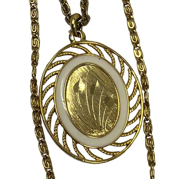 Vintage Necklace Two Layered Chains with Oval Enamel Flower Pendant - Picture 1 of 10